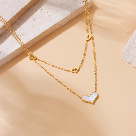Elegant Stainless Steel Double-Layered Necklace For Women Gold Plated Retro Shell Heart Hollow Pendant Fashion Stacking Jewelry Neck Chain