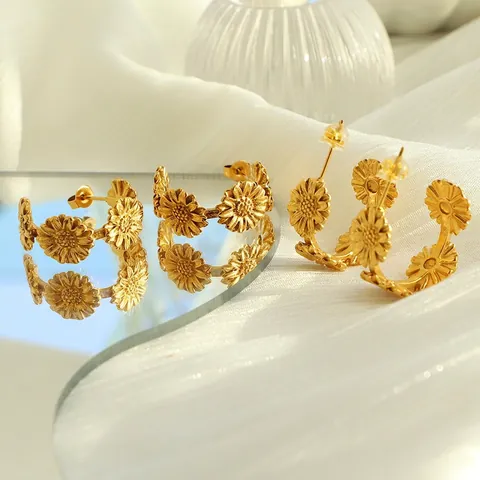 Madeliefje Bloem Hoop Oorbellen Roestvrij Staal Verguld Retro C Vorm Zonnebloem Minimalistische Sieraden Voor Dames
