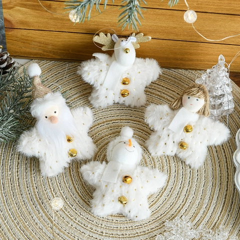 Christmas Star Plush Ornaments With Golden Bells Santa Snowman Reindeer Angel Doll Hanging Tree Decorations Home Decor
