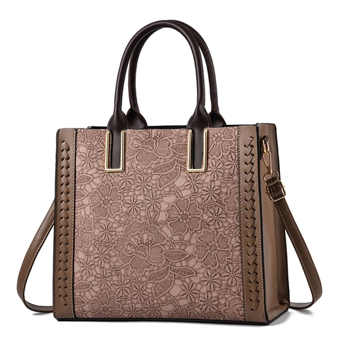 Embossed Floral PU Leather Tote Bag Large Capacity Handbag With Detachable Strap Elegant Retro Style For Women