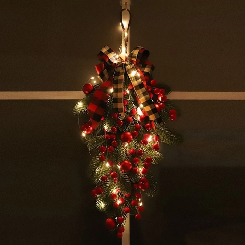 Weihnachten Teardrop Swag Künstliche Kiefernnadeln Rote Beeren Karierte Schleife Wandbehang Haustür Feiertagsdekoration