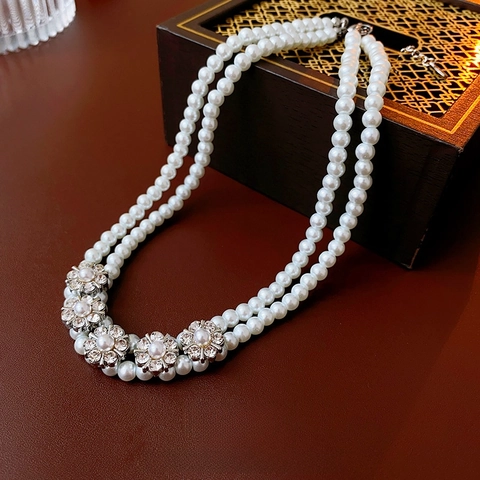 Double Layer Faux Artificial Pearl Necklace With Alloy Rhinestone Flower Pendant Elegant Clavicle Chain Jewelry For Women