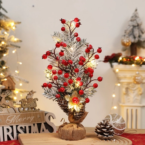 Mini Weihnachtsbaum Tischdeko LED Lichter PVC Beflockt Rote Beeren Sackleinen Basis Haus Büro Dekoration
