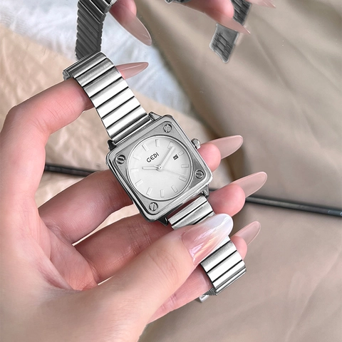 Reloj de Cuarzo Cuadrado para Mujer Con Correa de Acero Inoxidable Caja de Aleación Fecha 30M Impermeable Elegante Reloj de Pulsera