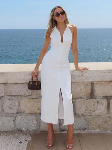 Halter Neck Shirt Dress Sleeveless Button Down Split Hem Slim Fit Polyester Spandex Midi Maxi Dress Elegant Summer Vacation