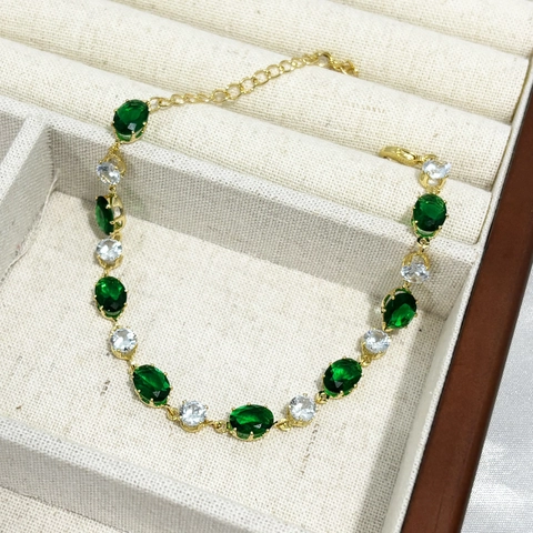 Bracciale Zirconia Smeraldo Verde Bianco Ovale Rame Placcato Oro Gioielli Eleganti Regolabili Per Donna