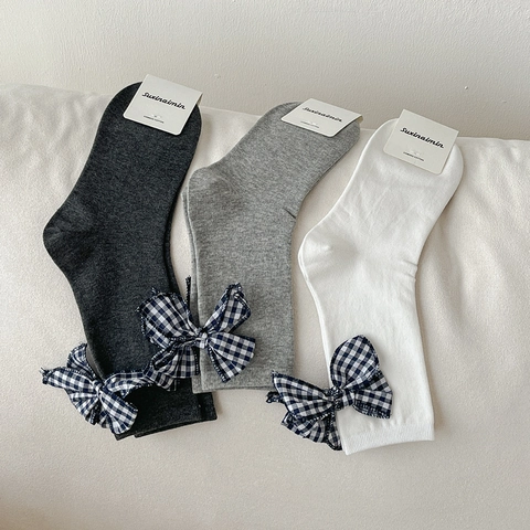 Women Slouch Socks Combed Cotton Breathable Mid-calf With Gingham Plaid Bow Japanese JK Style Retro Sweet