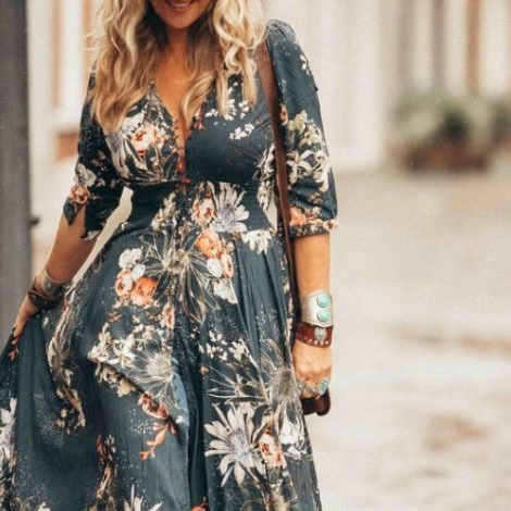 Robe Maxi Boheme A Imprime Fleuri Pour Femme Col En V Manches Trois Quarts Elegante Longue Robe Vintage