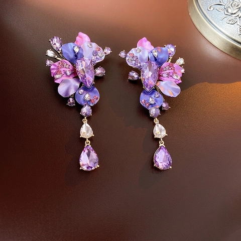 Purple Flower Drop Earrings With 925 Sterling Silver Earring Post Rhinestone Crystal Long Dangle Floral Women Jewelry