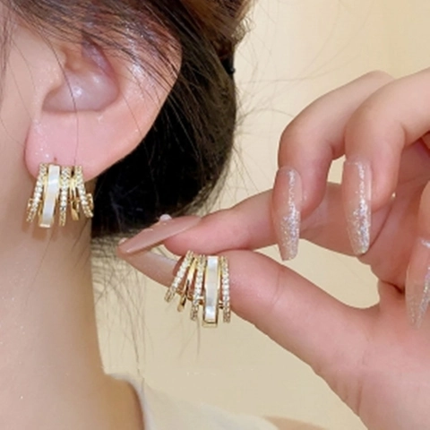 Geometric Multi-Layer Stud Earrings With Mother Of Artificial Pearl Rhinestones Gold Color Vintage French Style For Women