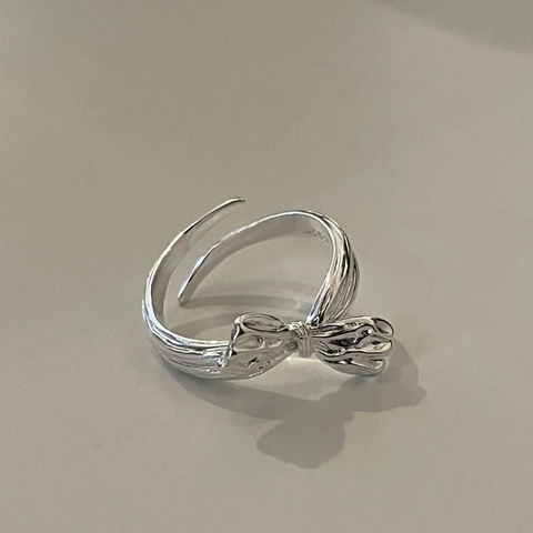 925 Sterling Silver Bow Ribbon Ring Wrinkled Texture Adjustable Open Design Minimalist Korean Style Jewelry For Women