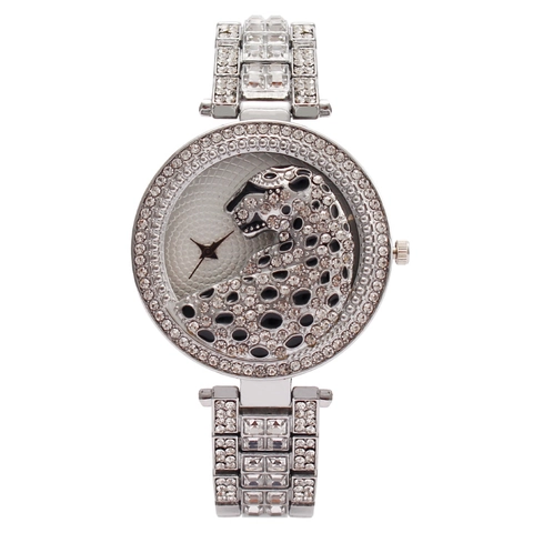 Montre À Quartz De Luxe Pour Femme Avec Tête De Léopard En Strass Bracelet En Métal Rond