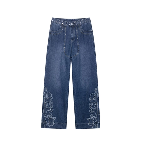 Vaqueros De Pata Ancha Retro Para Mujer Con Tachuelas Parche De Estrella Pantalones Denim Desgastados Cintura Baja Bordado Azul
