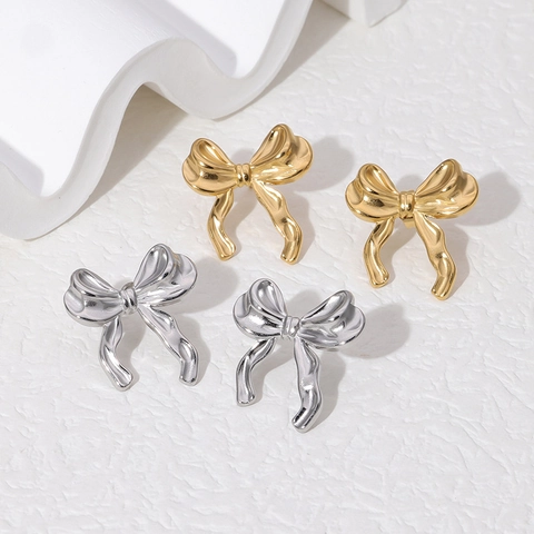 Bow Stud Earrings Stainless Steel 18K Gold Plated Chic Simple Bowknot Ear Jewelry For Women Sweet Minimalist Style