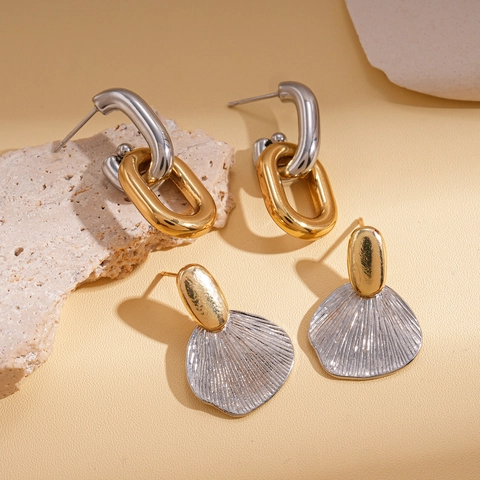Geometric Oval Shell Textured Earrings Alloy Two Tone Metallic With 925 Sterling Silver Earring Post For Women