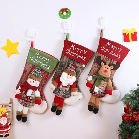 Christmas Stocking Decoration Cloth Linen With 3D Santa Snowman Reindeer Dolls Merry Christmas Embroidery Home Holiday Decor