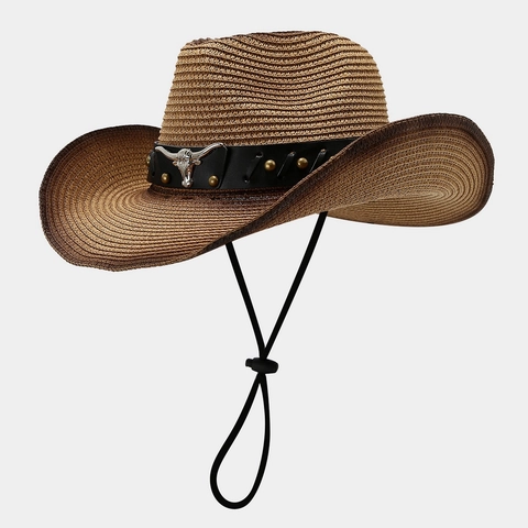 Western Cowboy Straw Hat With Leather Belt Bull Head Metal Ornament Adjustable Wind Rope Wide Brim Sun Protection Foldable