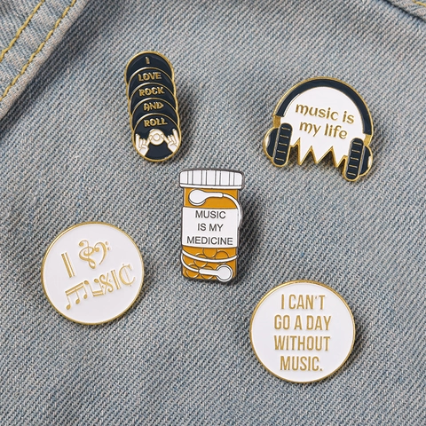 Musik Thema Emaille Pins Legierung Lackiert Kopfhörer Schallplatte Slogan Broschen Für Rucksäcke Jacken Schmuck Zubehör