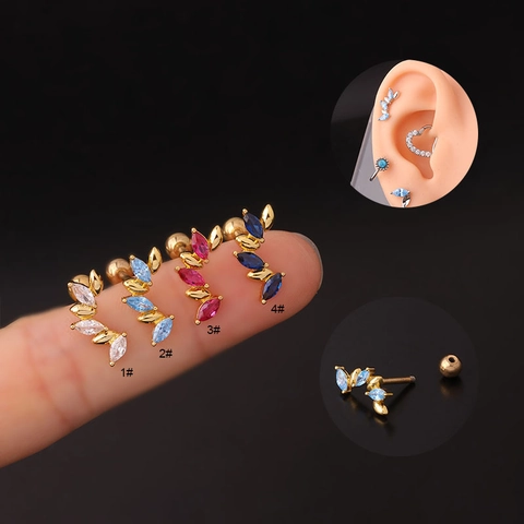 Helix Piercing Ear Studs Leaf Shape Stainless Steel Copper Cubic Zirconia Colorful Cartilage Screw Ball Back Fashion Body Jewelry Women