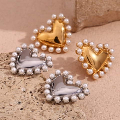 Vintage Heart Stud Earrings Stainless Steel 18K Gold Plated With Faux Artificial Pearl Elegant Romantic Fashion Jewelry For Women