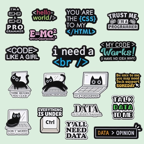 Programmer Enamel Pin Alloy Coder Geek Humor Slogan Badge Tech Support HTML CSS Black Cat Laptop Accessory