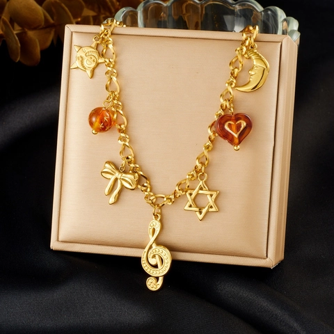 Collier À Breloques En Acier Inoxydable Plaqué Or Vintage Multi Pendentif Noeud Note De Musique Étoile Lune Soleil