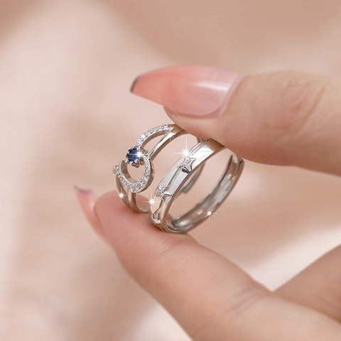 925 Sterling Silver Moon Star Couple Rings For Men Women Adjustable Zirconia Blue Stone Romantic Finger Ring Jewelry Gift