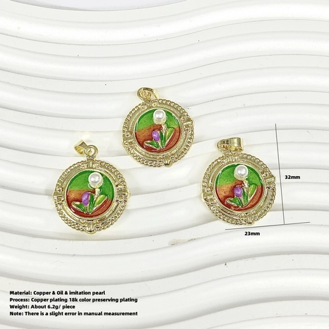 Colgante Redondo Flor De Tulipán Estilo Pintura Al Óleo Monet Vintage Cobre Chapado En Oro De 18K Con Perla Artificial Imitación