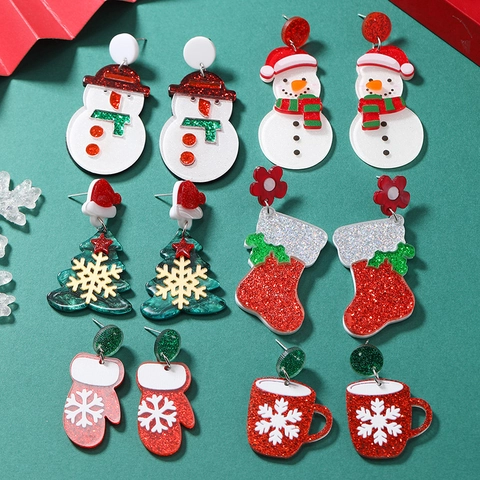 Boucles D'oreilles Pendantes Noël Acrylique Bonhomme De Neige Arbre Bottes Coupe Paillettes Bijoux Festifs Tige En Acier Inoxydable