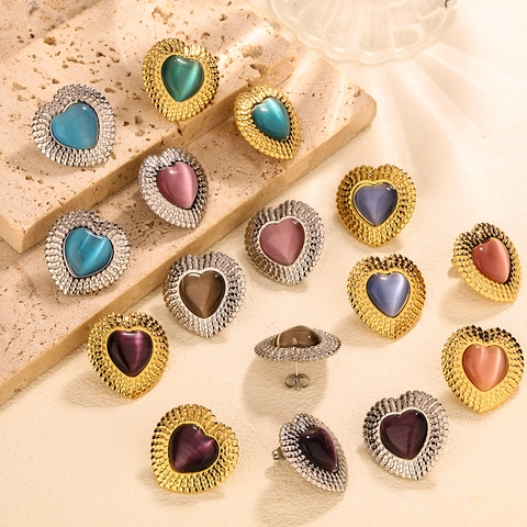 Heart Stud Earrings Stainless Steel With Cat Eye Stone Textured Metal Border French Vintage Luxury Style For Women