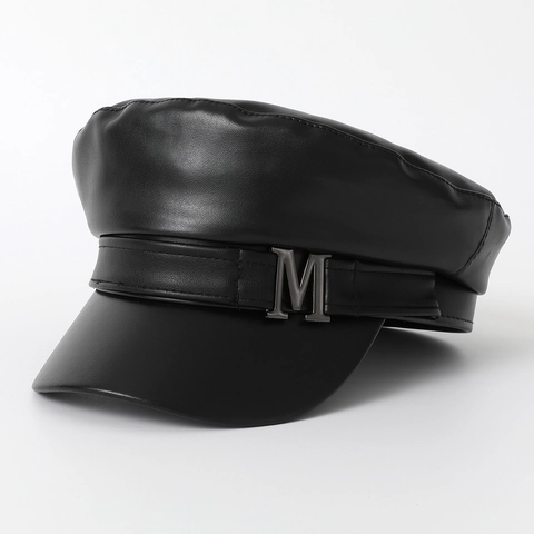 Damen Vintage PU Leder Schirmmütze Mit Metallbuchstabe M Retro Einfarbig Baker Boy Mütze Winddicht