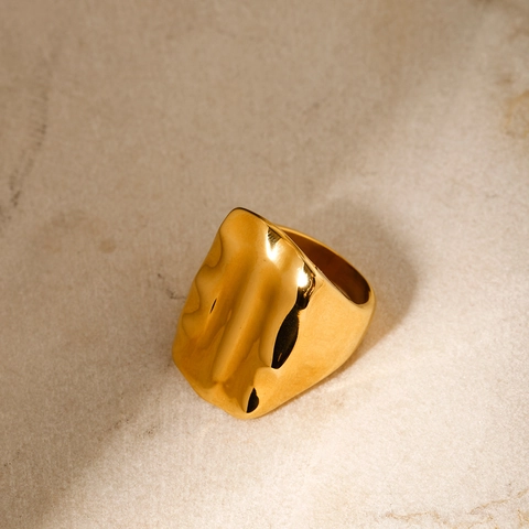 Ins Style 18K Gold Plated Stainless Steel Rectangular Bumpy Texture Wide Band Ring For Women Personality Fashion Jewelry
