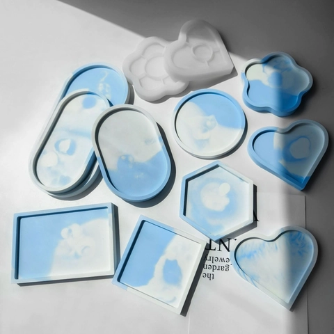Stampo In Silicone DIY Resina Sottobicchiere Vassoio Portagioie Gesso Artigianato Forma Multipla Rotondo Esagono Ovale