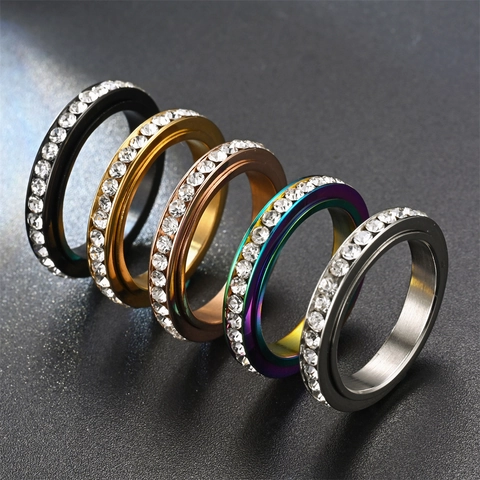 Bague Spinner Rotative en Acier Inoxydable pour Femmes Hommes Avec Strass Incrusté Bague Anti-anxiété Bijoux Bague de Décompression
