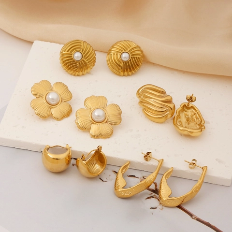 Pendientes Geométricos Irregulares De Acero Inoxidable Para Mujer Pendientes De Botón De Perla Artificial Flor Chapados En Oro Vintage Joyería
