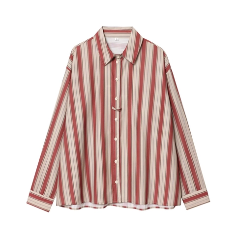 Striped Long Sleeve Shirt Women Polyester Cotton Blend Vertical Stripes Back Strap Detail Elegant Button Down Casual Blouse