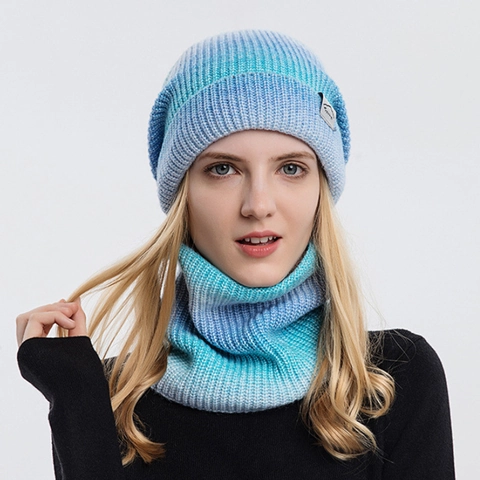 Gradient Color Beanie And Neck Warmer Winter Warm Thick Knit Hat Scarf For Women Outdoor Casual Acrylic