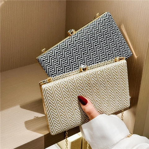 Abendtasche Clutch Damen Fischgrätmuster Acryl Box Handtasche Mit Strassschloss Und Abnehmbarer Metallkette