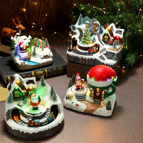 Kerst Muziekdoos Hars Lichtgevend Ornament Roterende Trein LED Licht Feestelijke Tafeldecoratie Kerstcadeau Kerstman