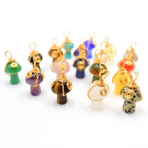 Collier Pendentif Champignon Fait Main Pierre De Cristal Naturel Enveloppé De Fil Bijoux De Guérison Pour Femmes Hommes