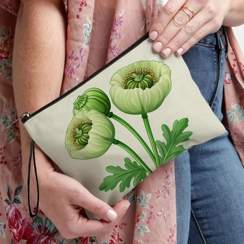 Floral Makeup Bag Linen Zipper Toiletry Pouch Travel Organizer With Wristlet Gift For Women Green Poppy Botanical Print