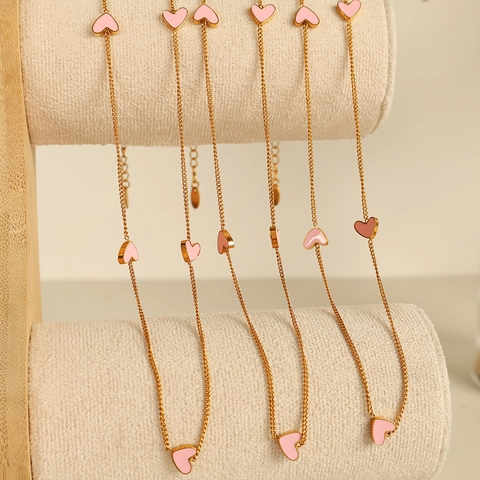 Edelstahl Herz Halskette Gold Plattiert Rosa Emaille Zierliche Mehrere Herz Anhänger Schlüsselbein Kette Schmuck Damen