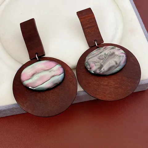 Retro Geometrische Runde Holz Hängerohrringe Mit Harz Inlay Und Silver Earring Post Boho Stil Damen Schmuck