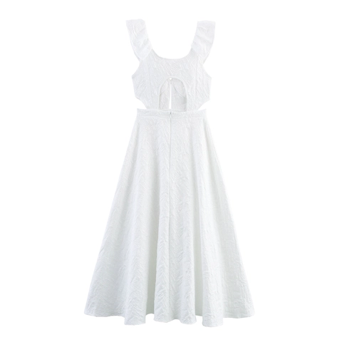 Abito Maxi In Jacquard Bianco Sexy Scollo A V Spalline Con Volant Vita Alta Schiena Scoperta Elegante Abito Lungo Da Donna