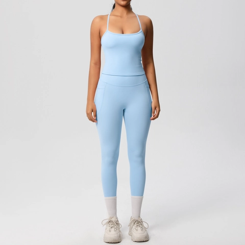 Women Yoga Leggings With Pockets And Seamless Cami Tank Top Cross Back Tight Fit Fitness Gym Workout Activewear