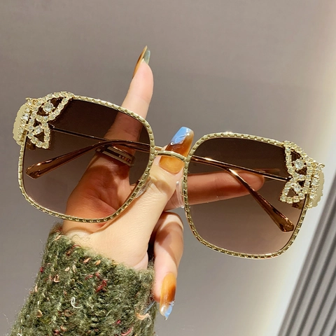 Luxus Große Quadratische Sonnenbrille Damen Metall Strass Schmetterling Dekor Elegante Outdoor Mode Eyewear