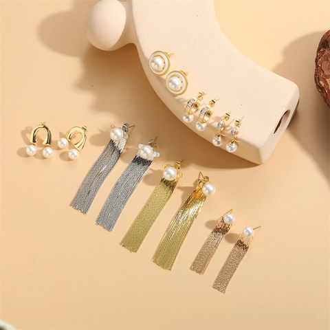 French Vintage Copper Geometric Earrings For Women With Artificial Pearl Zirconia Inlaid Tassel Chain Drop Earrings Jewelry