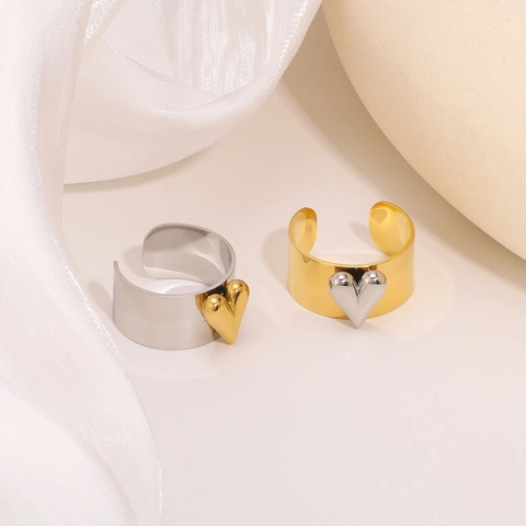 Herzförmiger Offener Ring Edelstahl Zweifarbig Gold Silber Verstellbar Poliert Modeschmuck Damen Wasserdicht