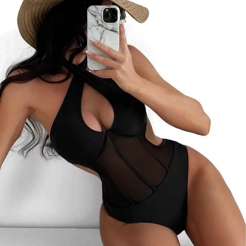 Bañador De Una Pieza Para Mujer Cuello Halter Recorte Malla Patchwork Monokini Corte Alto Nylon Spandex Playa