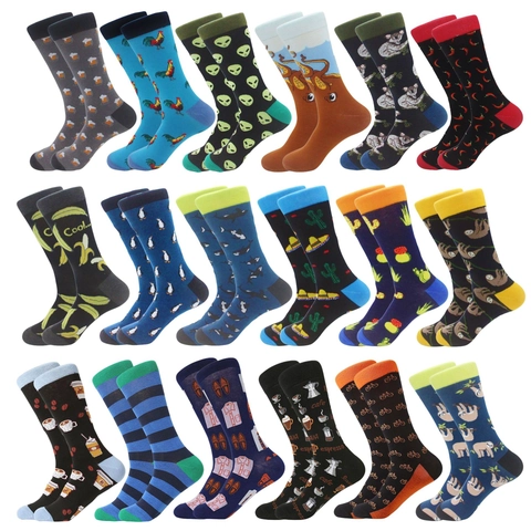Men's Casual Cotton Crew Socks With Cartoon Animal Jacquard Pattern Colorful Fashion Long Socks For Autumn Winter Daily Wear